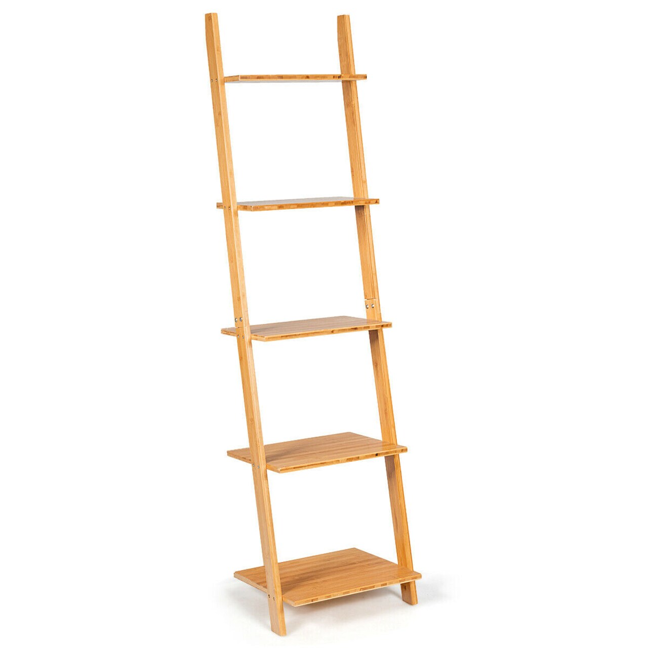 Natural Modern Wicker Leaning Ladder Bookshelf with 5 Shelves